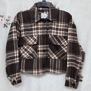 Love Tree* Cream & Brown* Cropped Plaid Jacket w/Removeable Hood* Size: Small